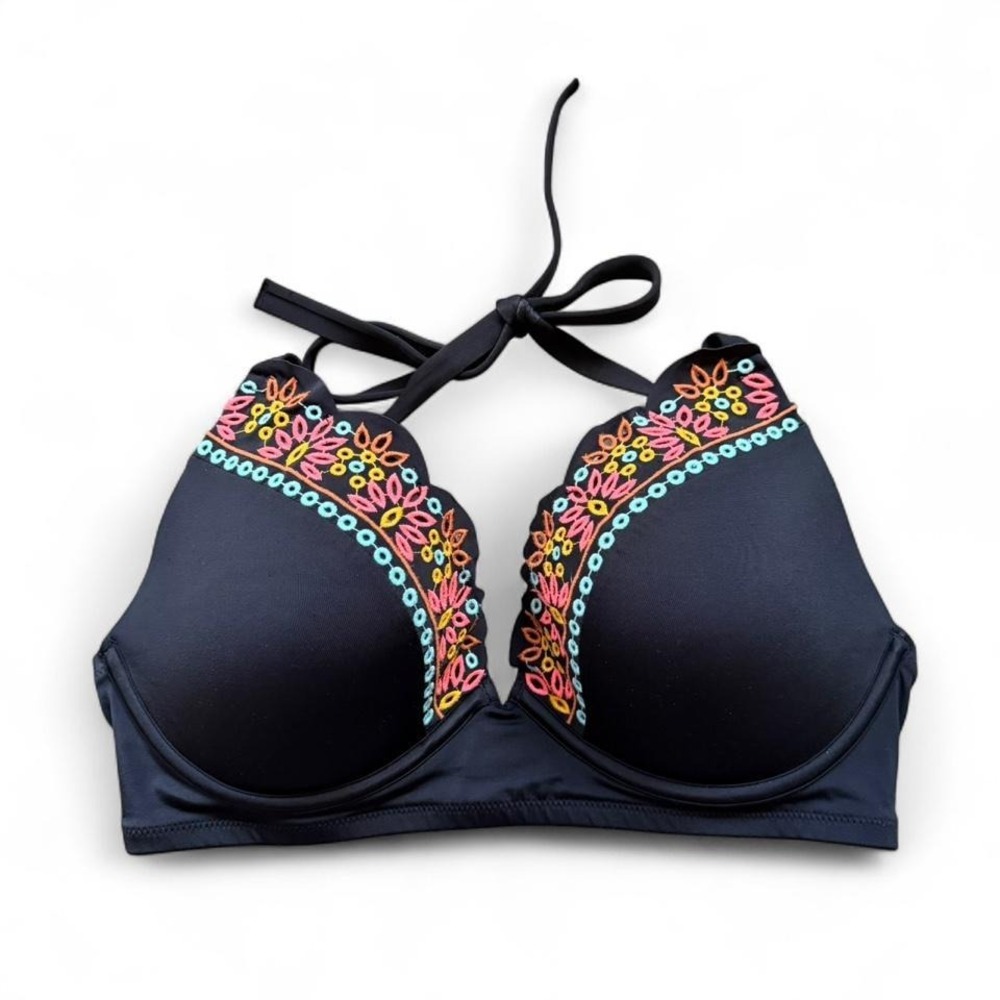 Shade & Shore Black Floral Embroidered Bikini Top Swim Tie Back Halter 38D